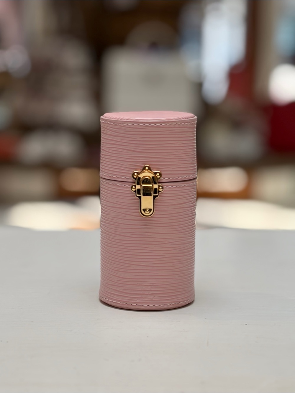 Louis Vuitton Pink Leather Cylindrical Jewelry Case with Gold Hardware
